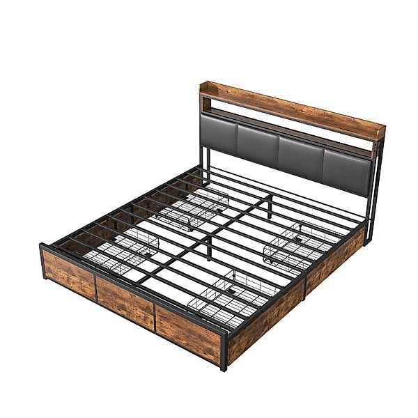PXloue Bett Doppelbett aus Metallrahmen mit LED Beleuchtung&4 Schubladen 16 günstig online kaufen