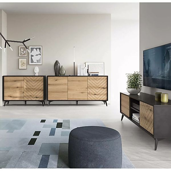 Wohnzimmer Set Schränke schwarz mit Eiche DALE-160 3-teilig günstig online kaufen