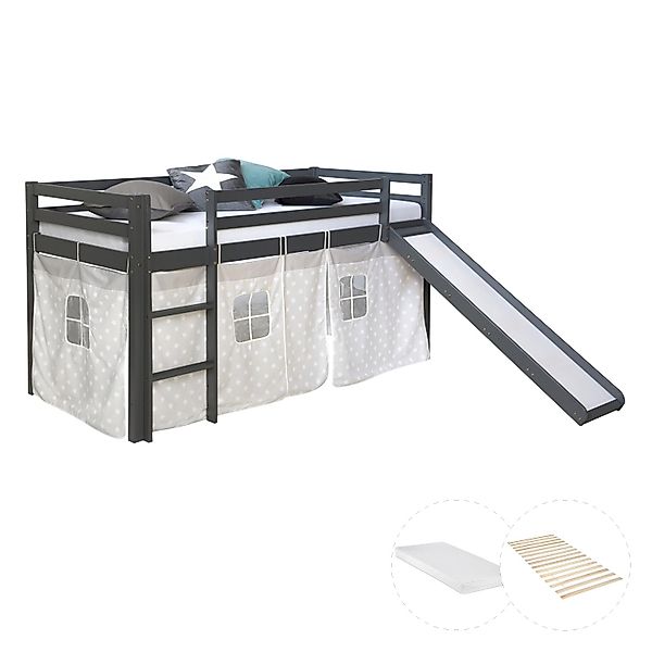 Homestyle4u Kinderhochbett 90x200 Grau mit Lattenrost Rutsche Matratze 2785 günstig online kaufen