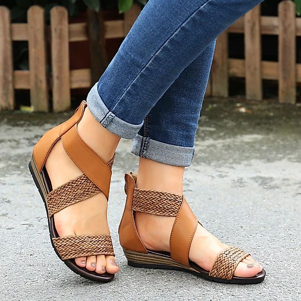 Frauen bequem Rom Spleißen Peep Toe Zipper Flat Sandalen günstig online kaufen