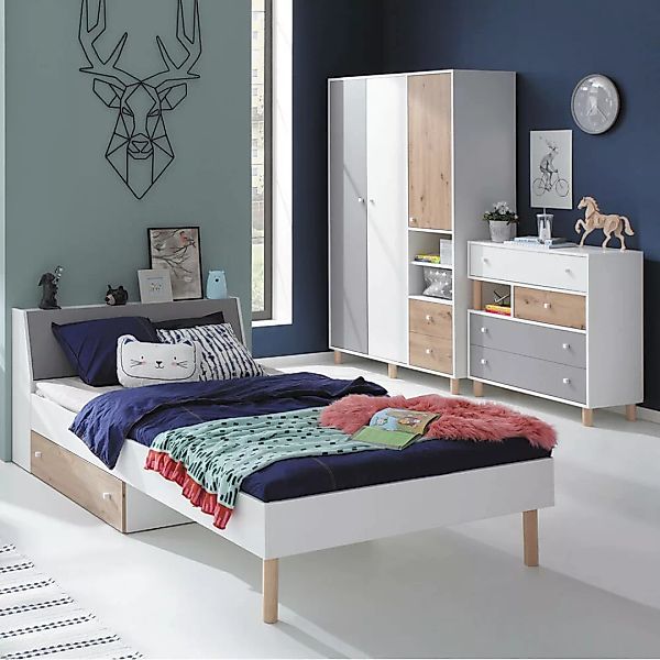 Jugendzimmer Set 3-teilig FAIRFAX-133 mit Jugendbett 90x200cm in weiß mit E günstig online kaufen