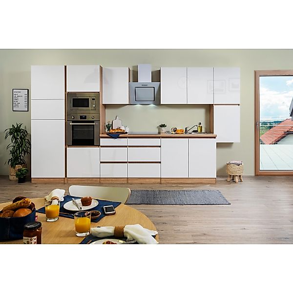 Respekta Premium Küchenzeile Grifflos 385 cm Weiß Hochglanz-Eiche Sägerau günstig online kaufen