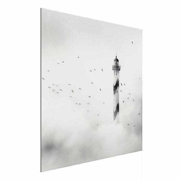 Alu-Dibond Bild - Quadrat Leuchtturm im Nebel günstig online kaufen