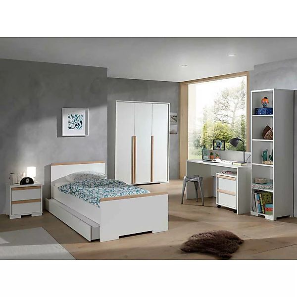 Jugendzimmer Komplettset in Weiß und Buche modern (sechsteilig) günstig online kaufen