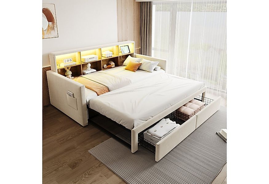 Flieks Daybett, LED Polsterbett 90/180x190cm mit Ausziehbett, Schubladen un günstig online kaufen