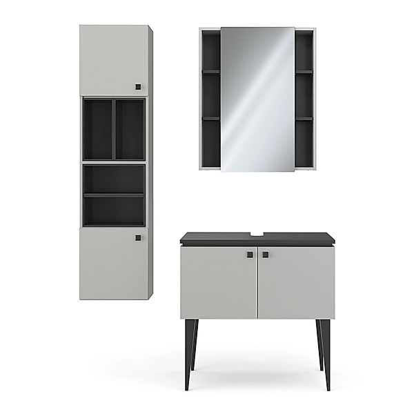 Vicco Badmöbel-Set Gerta Grau/Schwarz 3 Teile Hängeschrank 1 Tür günstig online kaufen