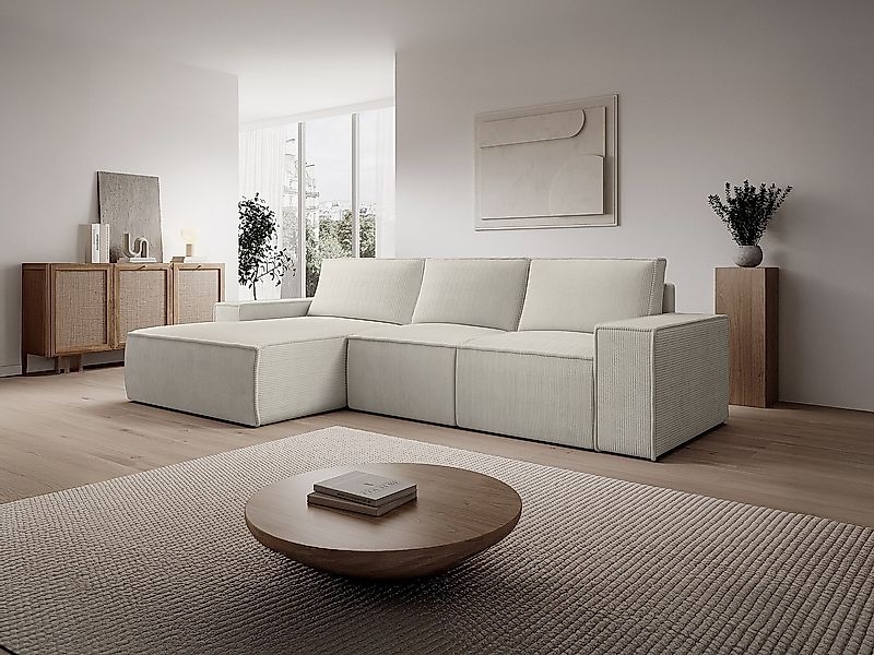 Großes Ecksofa mit Schlaffunktion - Ecke links - Cord - Beige - AMELIA günstig online kaufen