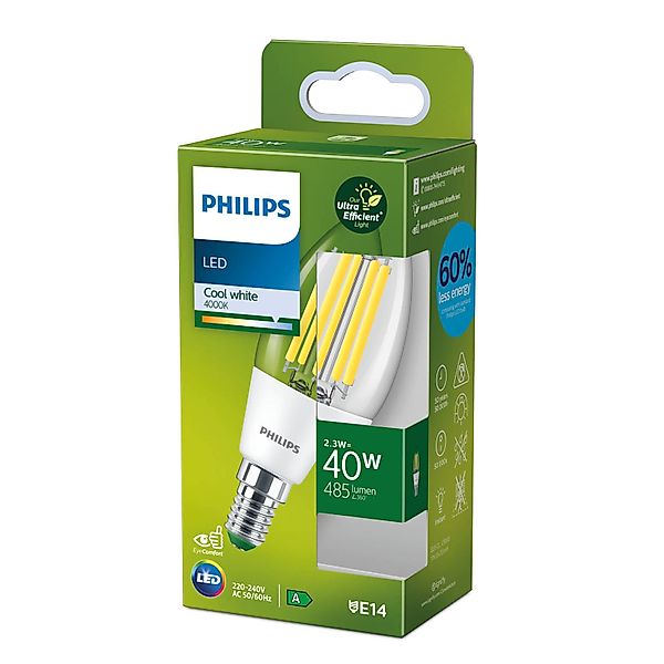 Philips Ultra Efficient LED Filament Lampe ersetzt 40W E14 Kerze - B35 2,3W günstig online kaufen