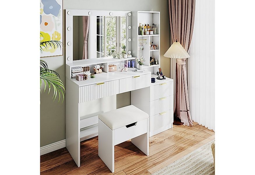 Furnicopia Schminktisch Einstellbare LED-Beleuchtung Fünf Schubladen und si günstig online kaufen
