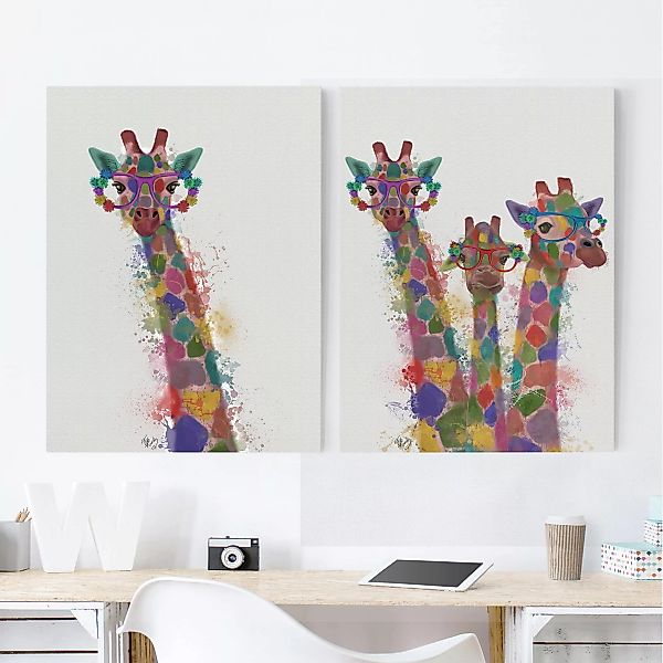 2-teiliges Leinwandbild Kinderzimmer - Hochformat Regenbogen Splash Giraffe günstig online kaufen