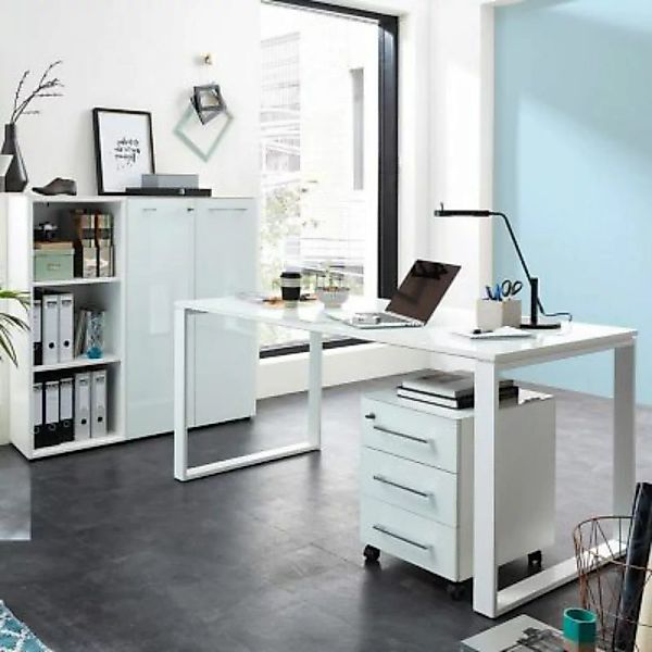 Lomadox Büromöbel Set in weiß MONTERO-01 mit Glasfronten & Schreibtisch mit günstig online kaufen