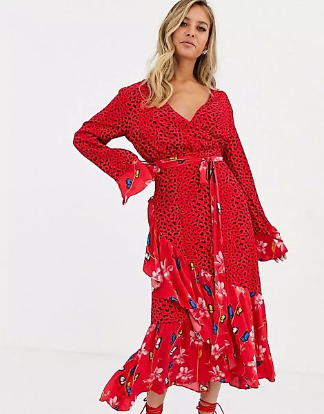 Dark Pink – Vorn gewickeltes Midaxi-Kleid mit dunklem Blumenmuster-Mehrfarb günstig online kaufen