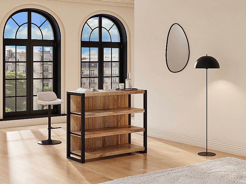 Barmöbel mit 3 Regalen - Mangoholz & Metall - Holzfarben & Schwarz - HARLEM günstig online kaufen