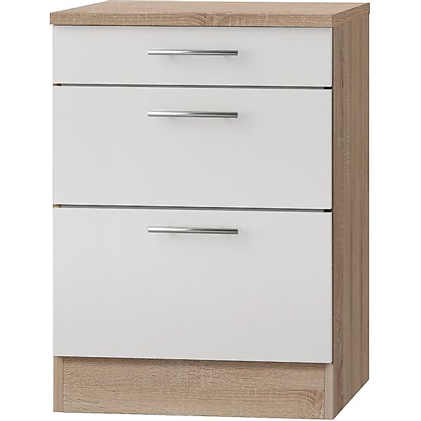 Optifit Küchen-Unterschrank mit 3 Auszügen Dakar286 60x84,8x60cm Weiß-Eiche günstig online kaufen