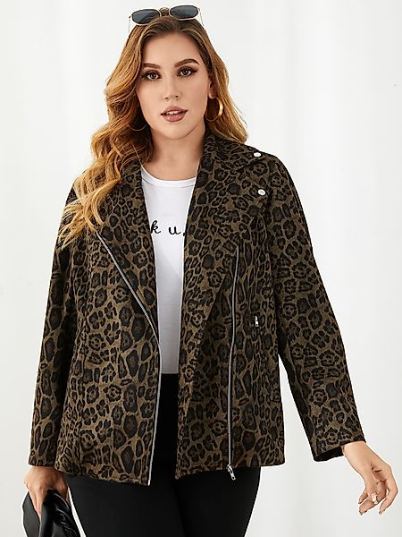 YOINS Plus Größe Reverskragen Leopard Reißverschlusstaschen Lange Ärmel Jac günstig online kaufen