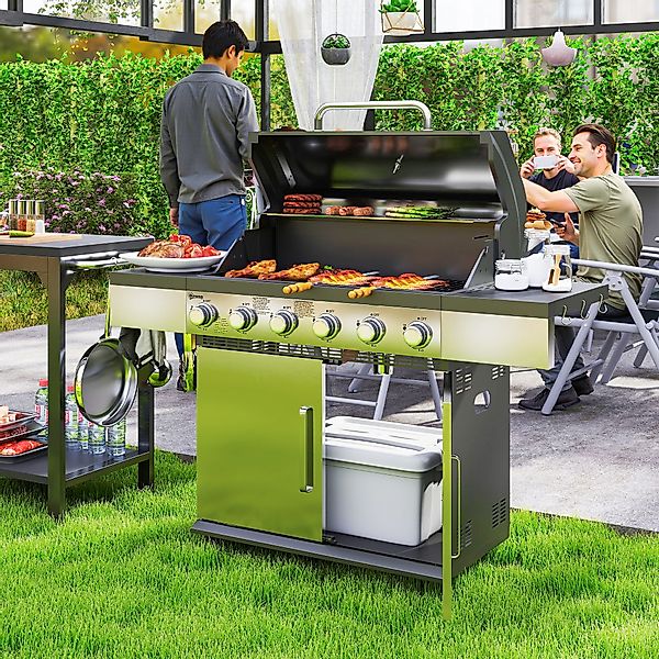 Outsunny Gasgrill 8500BTU Grillwagen inkl 6 Edelstahl-Brenner Rolle Thermom günstig online kaufen