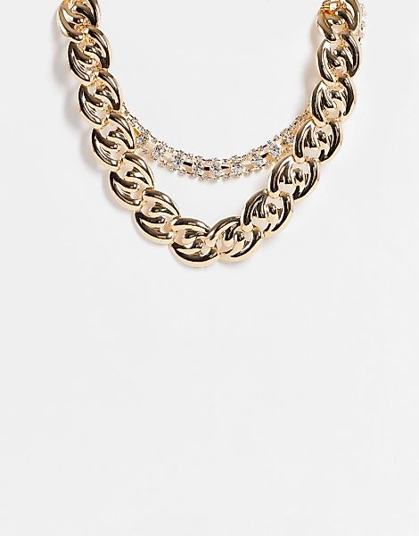 ASOS DESIGN – Mehrreihige Halskette in Goldoptik mit Vintage-Kette und Stra günstig online kaufen