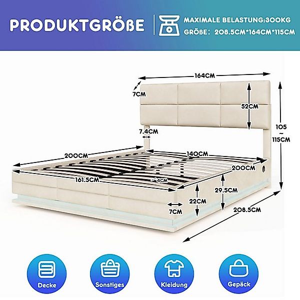 Celya Polsterbett Polsterbett Doppelbett mit USB Type C Ladefunktion und LE günstig online kaufen
