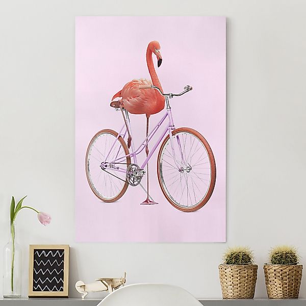 Leinwandbild Flamingo mit Fahrrad günstig online kaufen