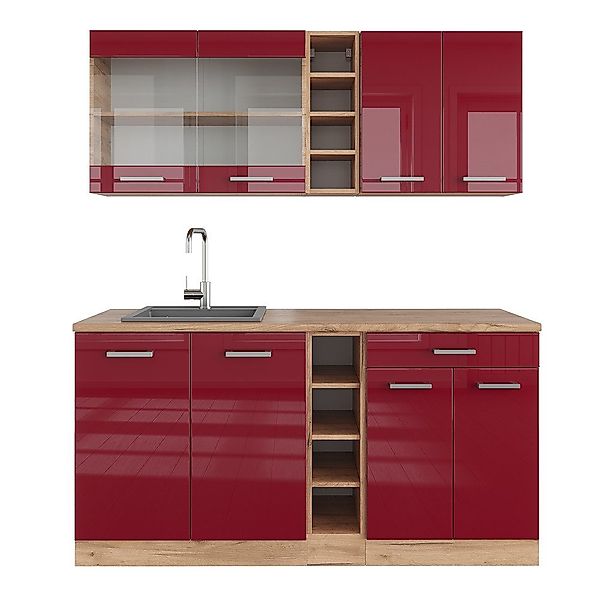 Vicco Küchenzeile R-Line, Bordeaux Hochglanz/Goldkraft Eiche, günstig online kaufen