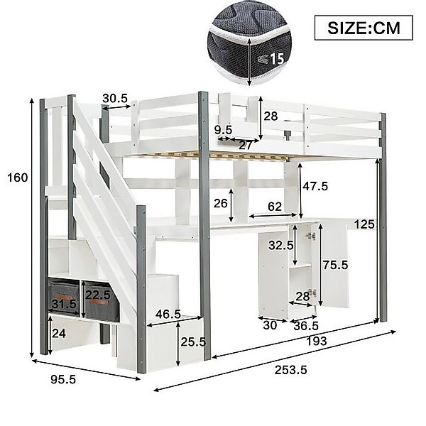 Odikalo Hochbett Jugendbett Einzelbett Mit Stauraum&Schreibtisch 90x200 Wei günstig online kaufen