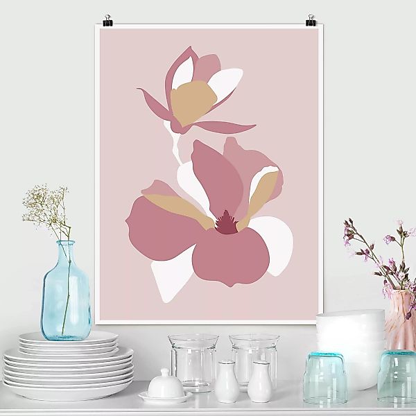 Poster Blumen - Hochformat Line Art Blüten Pastell Rosa günstig online kaufen