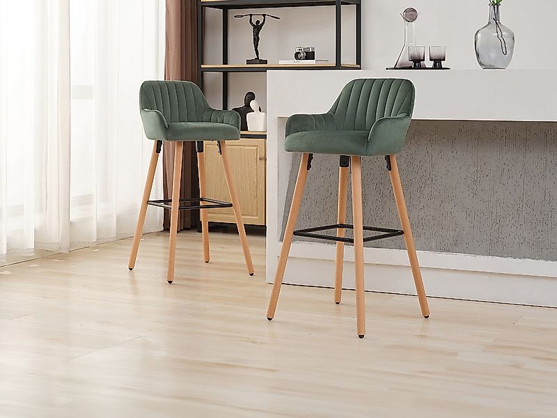 Barhocker 2er-Set - Samt & Metall in Holzoptik - Dunkelgrün - ELEANA günstig online kaufen