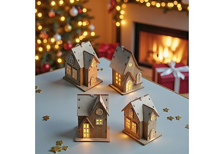 Spetebo LED-Dekofigur LED Holz Weihnachtshaus 10 cm zum Hängen - 4er Set (A günstig online kaufen