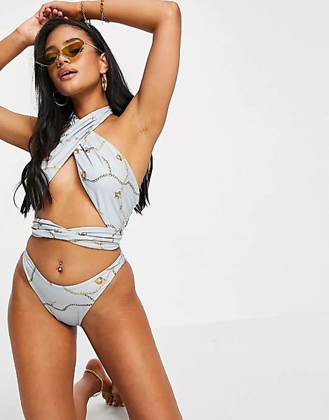 ASOS DESIGN – Bikinihüfthose mit hohem Beinausschnitt und Kettenprint-Mehrf günstig online kaufen