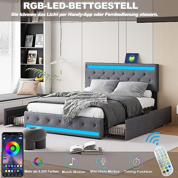 FUROKOY Polsterbett LED-Beleuchtung Doppelbett (mit USB-Ladefunktion, günstig online kaufen