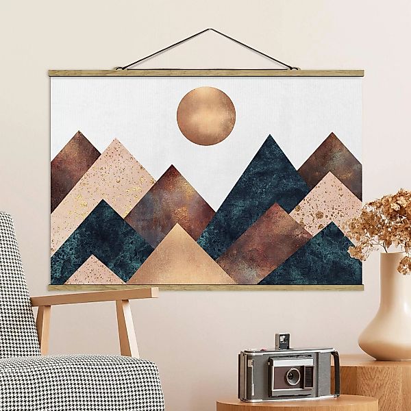 Stoffbild Abstrakt mit Posterleisten - Querformat Geometrische Berge Bronze günstig online kaufen