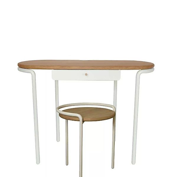 Schreibtisch und Hocker aus Stahl in Weiß Eiche Massivholz (zweiteilig) günstig online kaufen