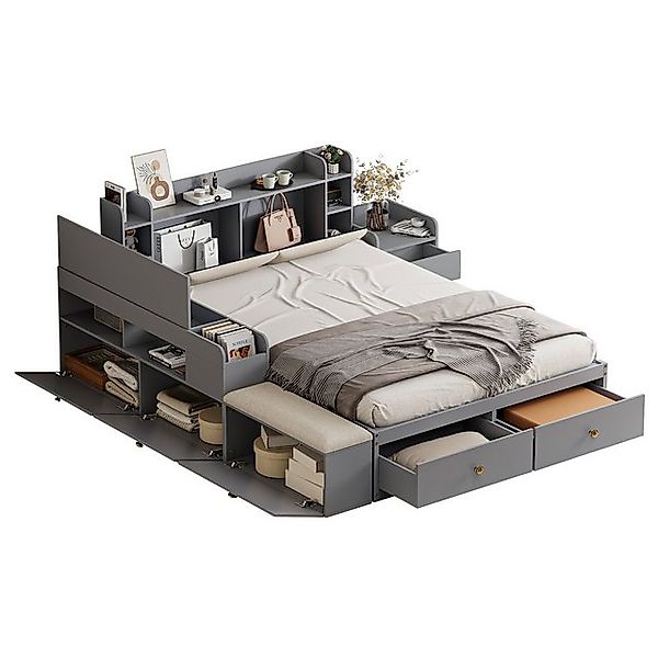 OKWISH Stauraumbett Holzbett Doppelbett, Massivholz-Kombi-Bett 140x200cm (K günstig online kaufen