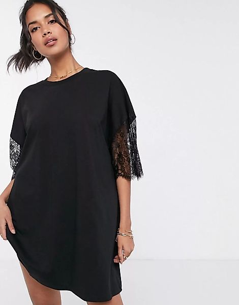 ASOS DESIGN – Oversized-T-Shirt-Kleid mit spitzenverzierten Ärmeln in Schwa günstig online kaufen
