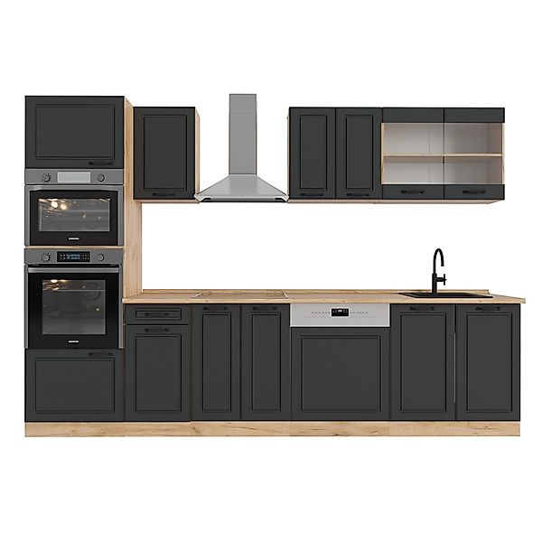 Vicco R-Line Küchenzeile Anthrazit Landhaus/Goldkraft Eiche 300 cm mit Hoch günstig online kaufen