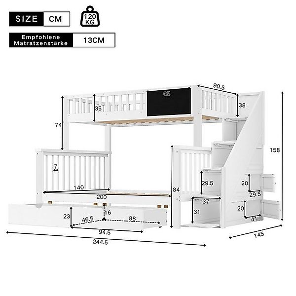 STILVORA Etagenbett 90×200+140×200 Kinderbett mit Tafel&Stauraum,Jugendbett günstig online kaufen