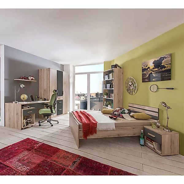 Jugendschlafzimmer Set in Eiche San Remo Dunkelgrau (siebenteilig) günstig online kaufen