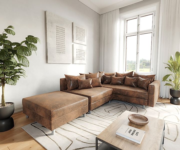 Ecksofa Clovis Braun Antik Optik modular Hocker Armlehne Ottomane Rechts günstig online kaufen