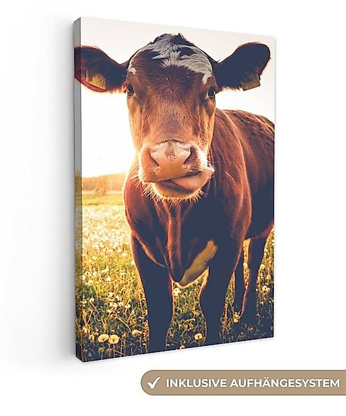 OneMillionCanvasses® Leinwandbild Kuh - Sonnenuntergang - Blumen - Gras - T günstig online kaufen