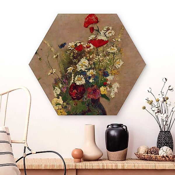 Hexagon-Holzbild Kunstdruck Odilon Redon - Blumenvase mit Mohn günstig online kaufen