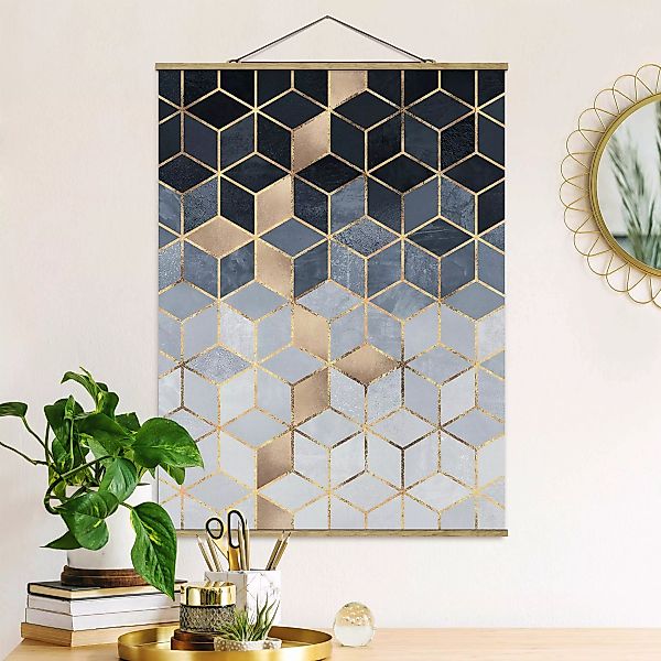 Stoffbild Abstrakt mit Posterleisten - Hochformat Blau Weiß goldene Geometr günstig online kaufen