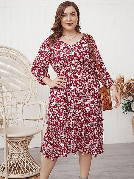 Plus Größe Calico V-Ausschnitt 3/4 Länge Ärmel Kleid günstig online kaufen