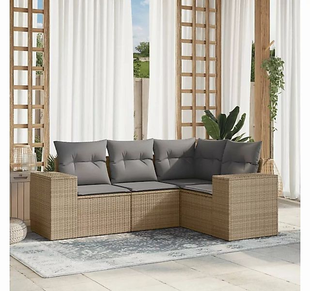vidaXL Loungesofa 4-tlg. Garten-Sofagarnitur mit Kissen Beige Poly Rattan, günstig online kaufen