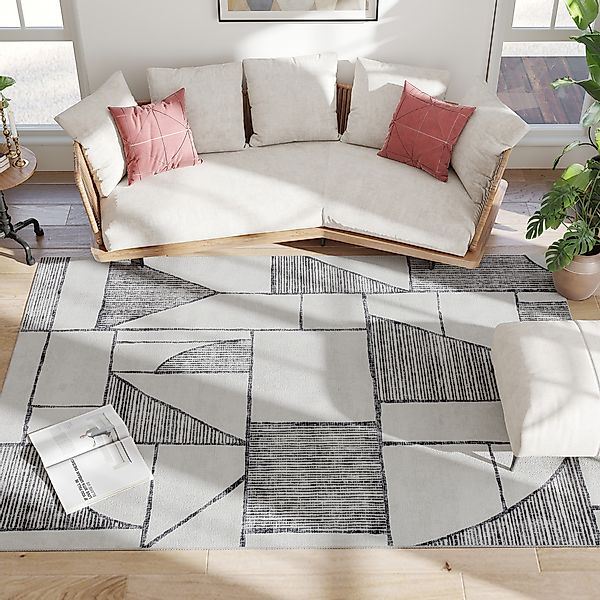 HOMCOM Rutschfester Moderner Teppich mit Geometrischen Linien, Polyester Wo günstig online kaufen