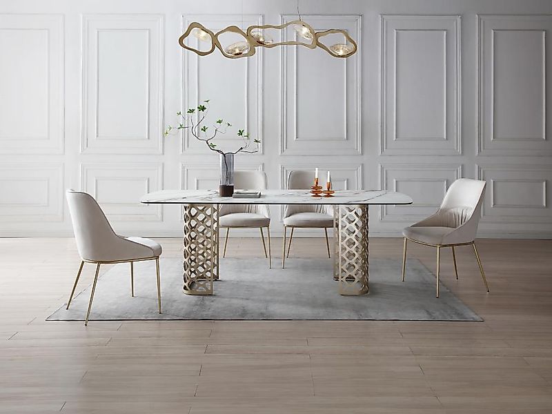 Esstisch - 8 Personen - Sicherheitsglas & Keramik - Marmor-Optik Weiß & Gol günstig online kaufen