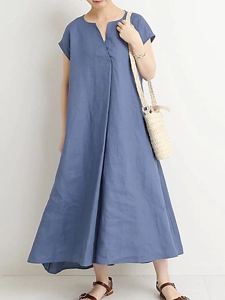 Einfarbiger A-Linien-V-Ausschnitt Plus Größe Lässig Kleid günstig online kaufen
