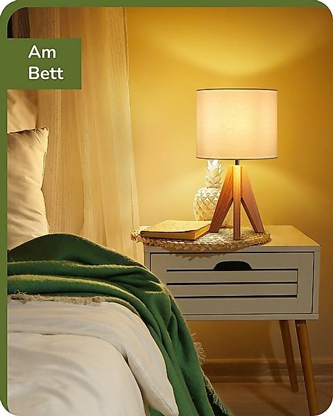 EDISHINE Nachttischlampe aus Holz mit Stoffschirm dreibeinig, LED wechselba günstig online kaufen