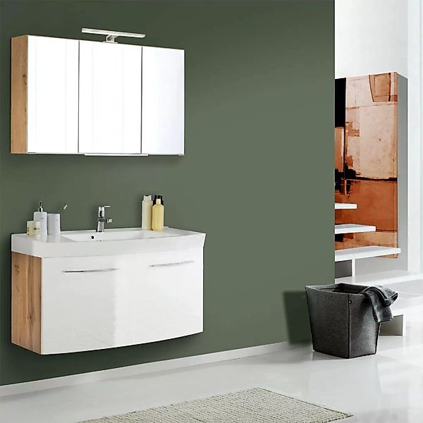 Badmöbel Waschplatz mit 100cm Waschtisch FLORIDO-03-OAK weiß Hochglanz mit günstig online kaufen