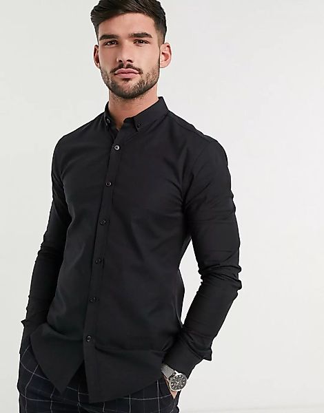 New Look – Langärmliges Muskel-Oxfordhemd in Schwarz günstig online kaufen