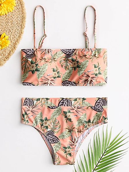 Damen Bandeau Bikini Geometrischer Badeanzug mit tropischem Aufdruck günstig online kaufen